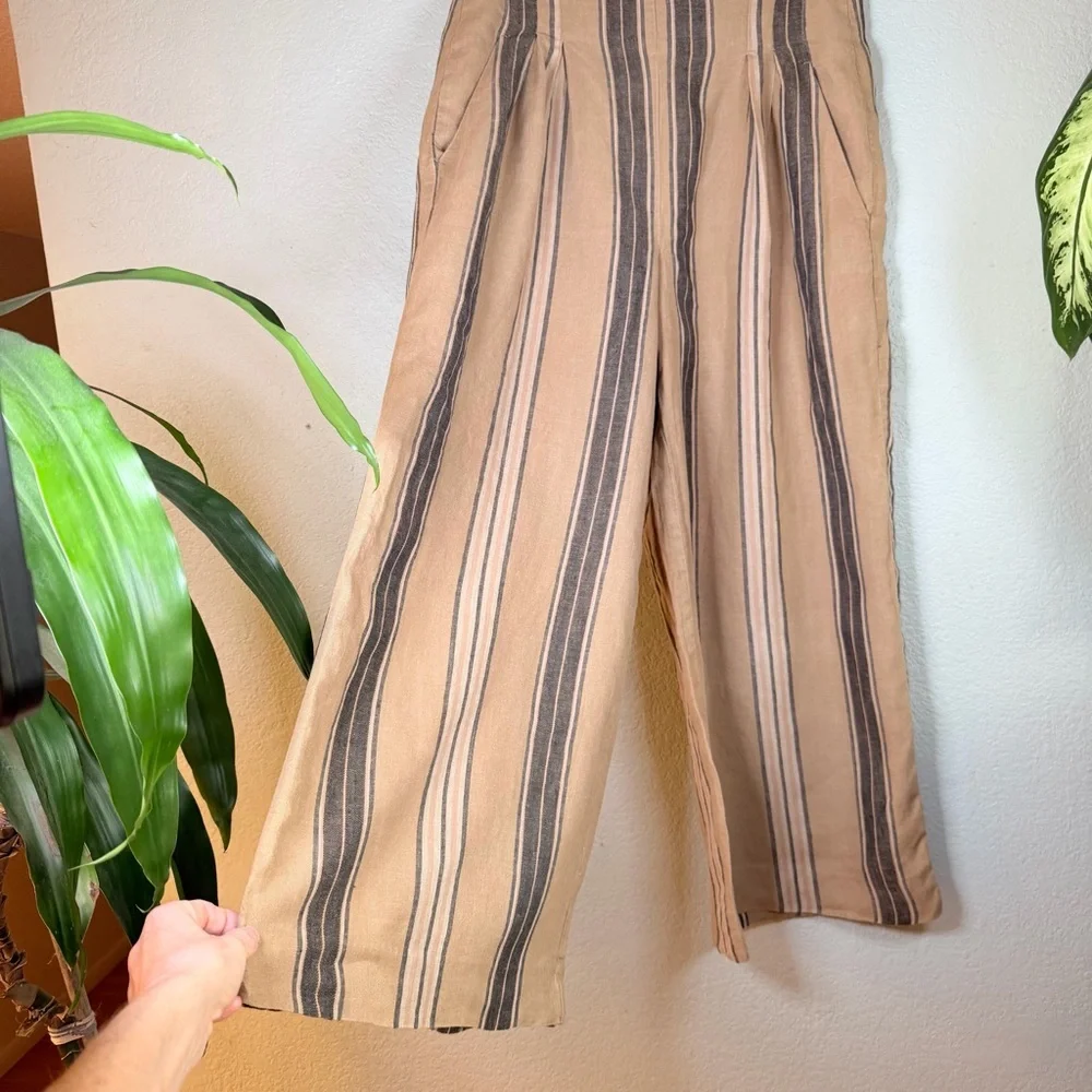 Banana Republic Linen Mia Wide Leg Flowy Pleated Brown Tan Striped Boho Pant 10